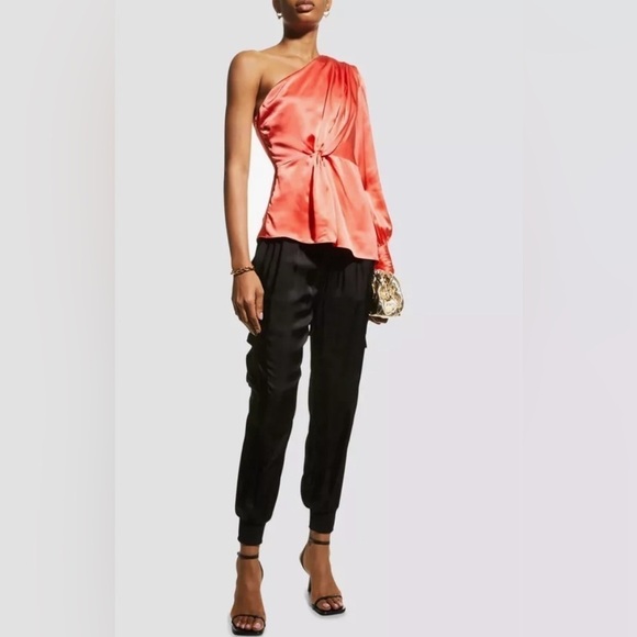 🆕 Cinq á Sept Stace Silk One Shoulder Blouse in Neon Coral Size Medium